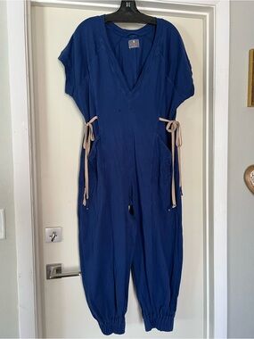 Free People Navy Blue V-Neck Cotton Jumpsuit with Tan Drawstrings